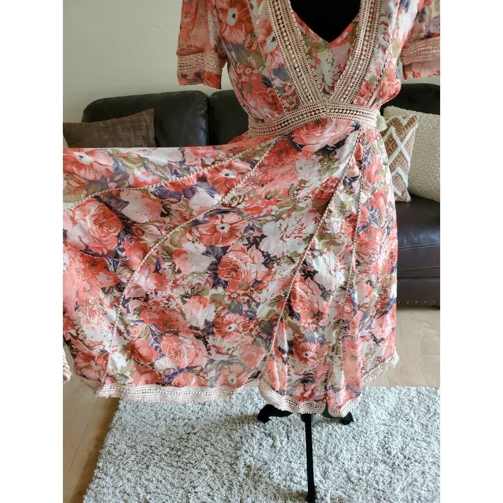 Ranna Gill Anthropologie Women's Rose Bouquet Crochet Floral Midi Dress Size 6 - Picture 6 of 12